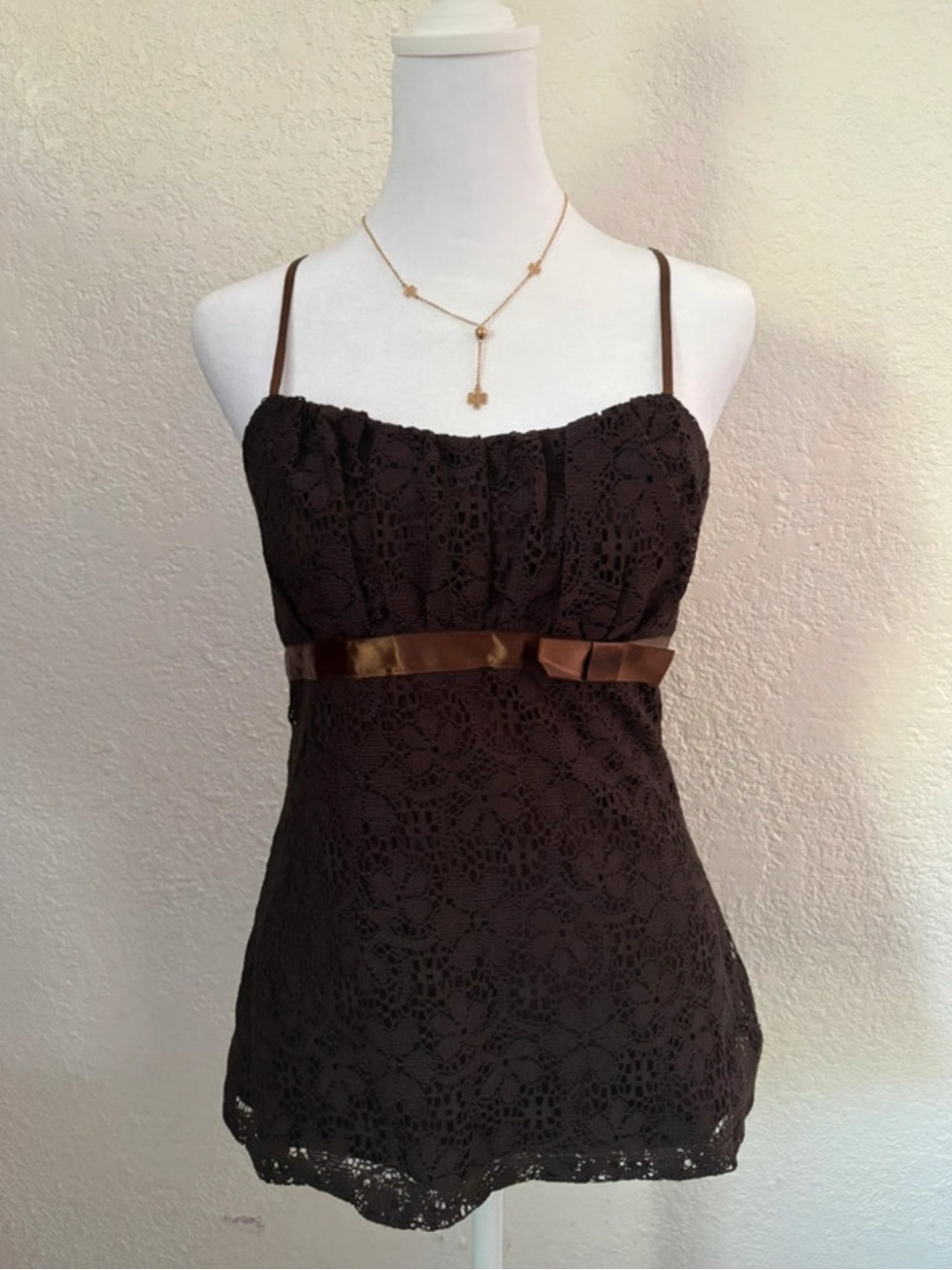 Rampage Brown Lace Camisole with Satin Waist Bow
